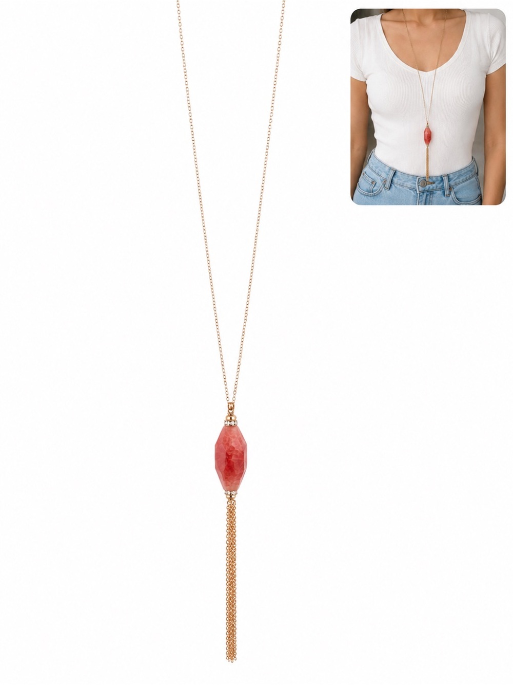 Gold will smith 32 Long Pendant Necklace Coral Pink semi precious Stone Tassel